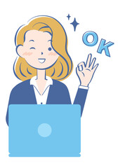 パソコン操作でOKサインを出すスーツ姿の若い女性　3c