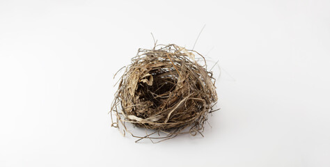 Shelter and care concept. A nice shaped bird nest isolated on neutral white.