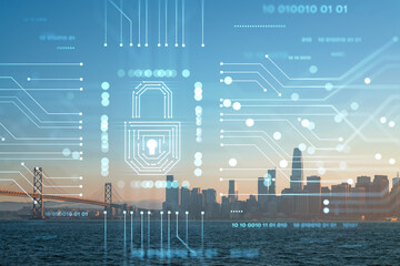 City view, Bay Bridge and San Francisco Skyline Panorama from Treasure Island, sunset, California, United States. The concept of cyber security to protect confidential information, padlock hologram