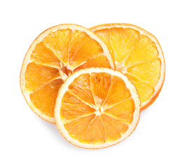 Delicious dry orange slices on white background, top view