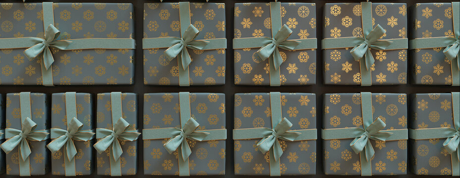 Neatly arranged Gifts form a Grid pattern. Trendy Turquoise and Gold Christmas Seasonal Background.