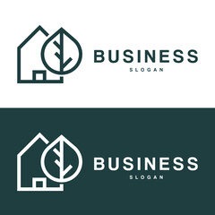Creative linear house with leaf logo design vector
