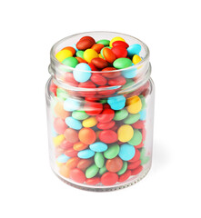 Jar with tasty colorful candies isolated on white