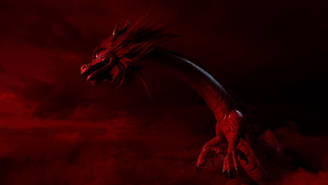 Lunar New Year Concept. Flying Chinese Dragon against a Cloudy Sky. Red design with copy-space.