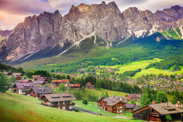 Langkofel and alpine village, Dolomites sudtirol near Cortina d Ampezzo