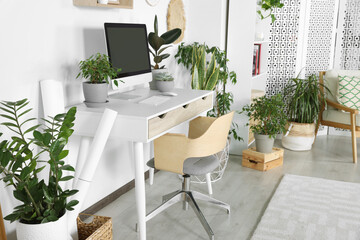 Comfortable workplace with modern computer and different houseplants in room