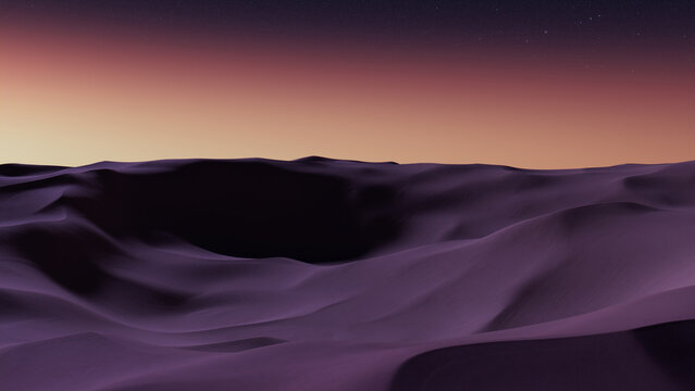 Undulating Sand Dunes form a Beautiful Desert Landscape. Sunset Wallpaper with Warm Gradient Starry Sky.