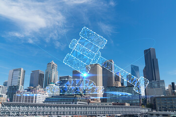 Seattle skyline with waterfront view. Skyscrapers of financial downtown at day time, Washington,...