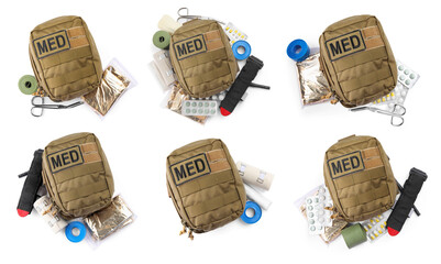 Collage with military first aid kit on white background, top view