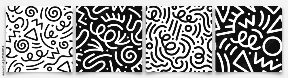 Wall mural set of fun black line doodle seamless pattern. creative minimalist style art background collection f