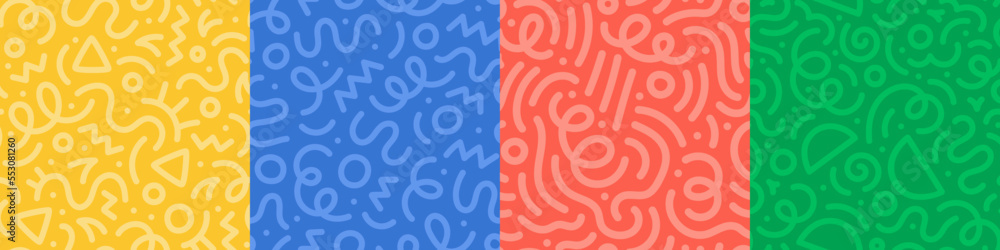 Poster Set of fun colorful line doodle seamless pattern. Creative abstract art background collection for children or festive celebration design. Simple childish scribble wallpaper print texture bundle.