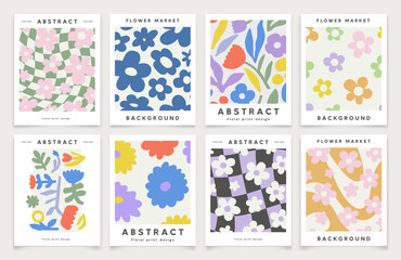 Abstract floral print illustration template set. Creative contemporary art flower collage poster design collection. Vintage organic hand drawn nature doodle, simple spring cartoon with copy space.