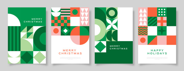 Merry Christmas greeting card template set for holiday celebration event. Flat geometry shape mosaic illustration collection in abstract scandinavian art style.