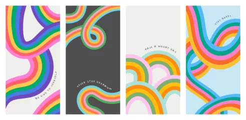 Foto op Canvas Retro 60s colorful rainbow cartoon illustration set with happy inspiration quote. Trendy vintage hippie art style background collection. Curvy pastel color 70s fashion print. © Dedraw Studio
