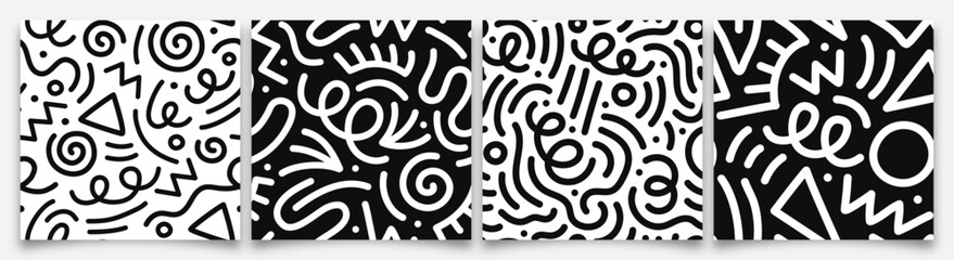 Set of fun black line doodle seamless pattern. Creative minimalist style art background collection for children or trendy design with basic shapes. Simple childish scribble backdrop print bundle. - obrazy, fototapety, plakaty