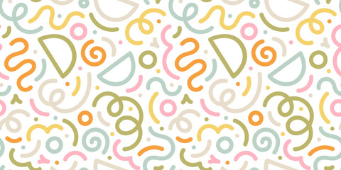 Fun colorful line doodle seamless pattern. Creative minimalist style art background for children or trendy design with basic shapes. Simple childish scribble backdrop.