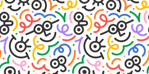 Fun colorful line doodle face seamless pattern. Creative minimalist style art background for children or trendy design with basic shapes. Simple happy childish smile scribble backdrop.
