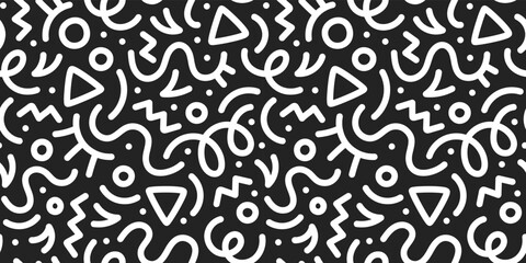Fun black and white line doodle seamless pattern. Creative minimalist style art background for children or trendy design with basic shapes. Simple childish scribble backdrop.