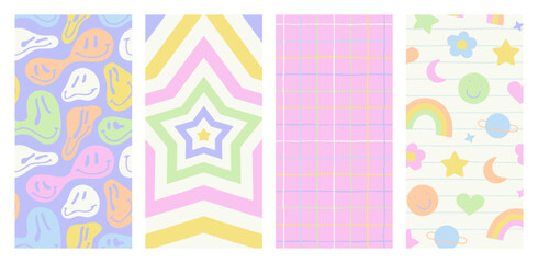 Set of retro vintage mobile background in trendy 90s art style. Soft pastel color y2k story template collection with cute sticker decoration and trippy psychedelic cartoon.
