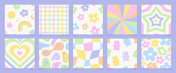 Fototapeta na wymiar Set of retro vintage print illustration in trendy 90s art style. Soft pastel color seamless pattern collection with cute sticker decoration and trippy psychedelic cartoon. Social media post bundle.