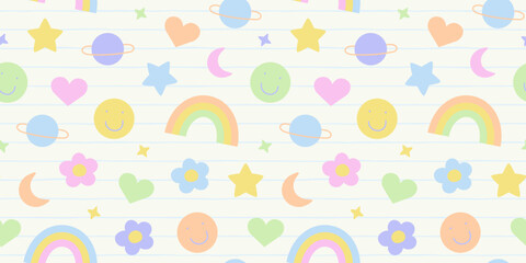 Retro vintage seamless pattern illustration in trendy 90s art style. Soft pastel color y2k background print with cute sticker decoration. Includes rainbow, flower and love heart cartoon.