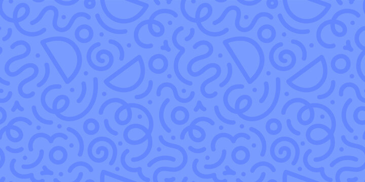 Fun blue line doodle seamless pattern. Creative minimalist style art background for children or trendy design with basic shapes. Simple childish scribble backdrop.