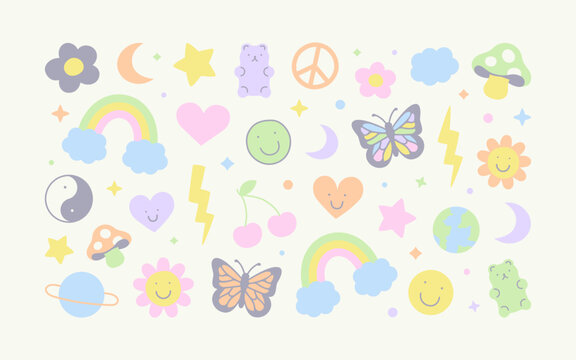 Set of retro symbol doodle illustration in trendy 90s art style. Soft pastel color icon collection with cute vintage decoration. Includes rainbow, butterfly, flower and love heart hand drawn cartoon.