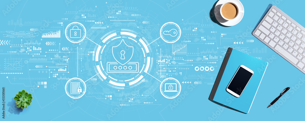 Poster cyber security theme with a computer keyboard and office items