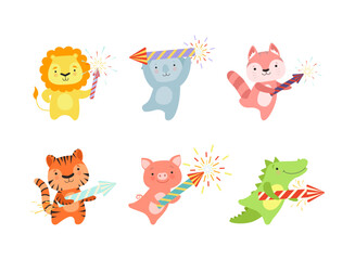 Fototapeta premium Cute Animal with Fireworks Enjoying Holiday Celebration Vector Set