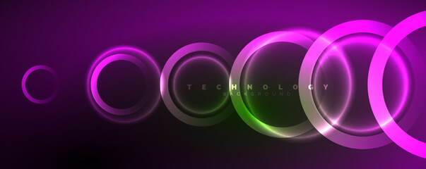 Neon glowing circles and round shape lines, magic energy space light concept, abstract background wallpaper design