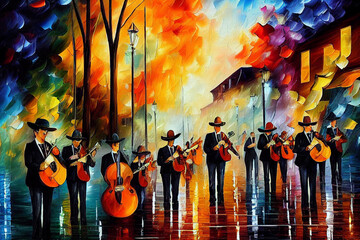 Mexican mariachi on zocalo in the evening performing a song illustration, latino street musicians in traditional costumes multicolored illustration, Generative AI