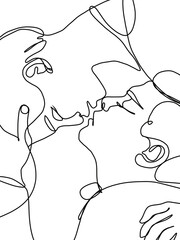 Woman rests on the man’s shoulders and  kissing upside down black line art on transparent background 