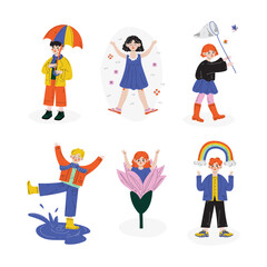 Little Girl and Boy in Rubber Boots Enjoying Spring Season Splashing in Puddle, Lying on Meadow, Walking with Umbrella and Catching Butterfly with Net Vector Set