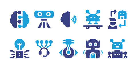 Artificial intelligence icon set. Vector illustration. Containing robot, collaboration, neural network, vr camera, chip, intellect, automation, network