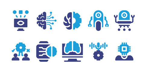 Artificial intelligence icon set. Vector illustration. Containing computer, gear, nanobot, robot, artificial intelligence, smartwatch, human resources, voice recognition