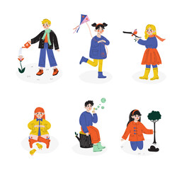 Little Girl and Boy Enjoying Spring Season Watering Flower, Playing Kite, Watching Bird, Blowing Soap Bubbles and Planting Tree Vector Set