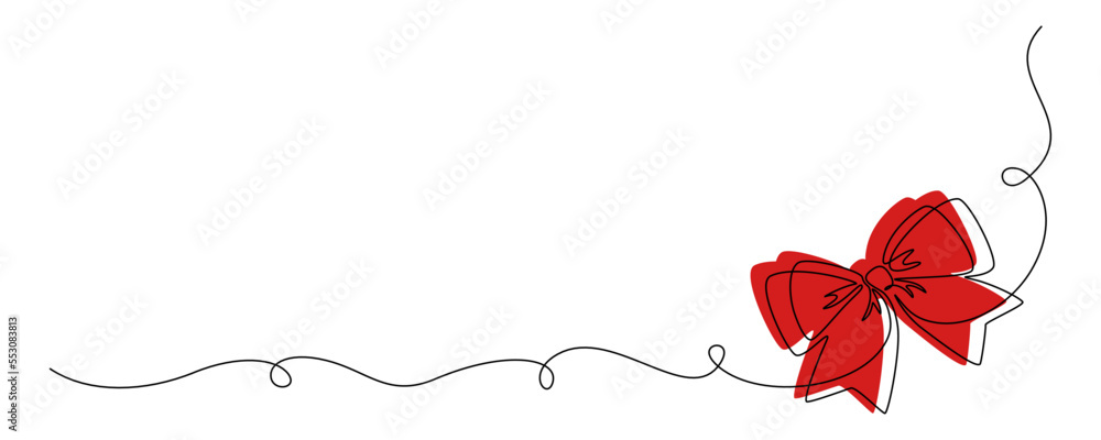 Poster one continuous line drawing of gift ribbon red bow. christmas and birthday present wrap in simple li