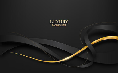 Abstract luxury ribbon black background modern golden line wave design template