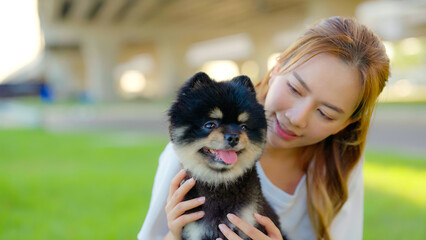 Happy young asian woman playing and sitting on grass in the park with her dog. Pet lover concept