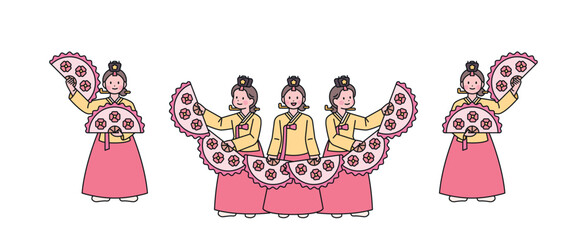 Korean traditional dance. Dancers wearing hanbok perform a beautiful fan dance.