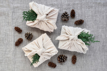 Linen wrapped christmas presents