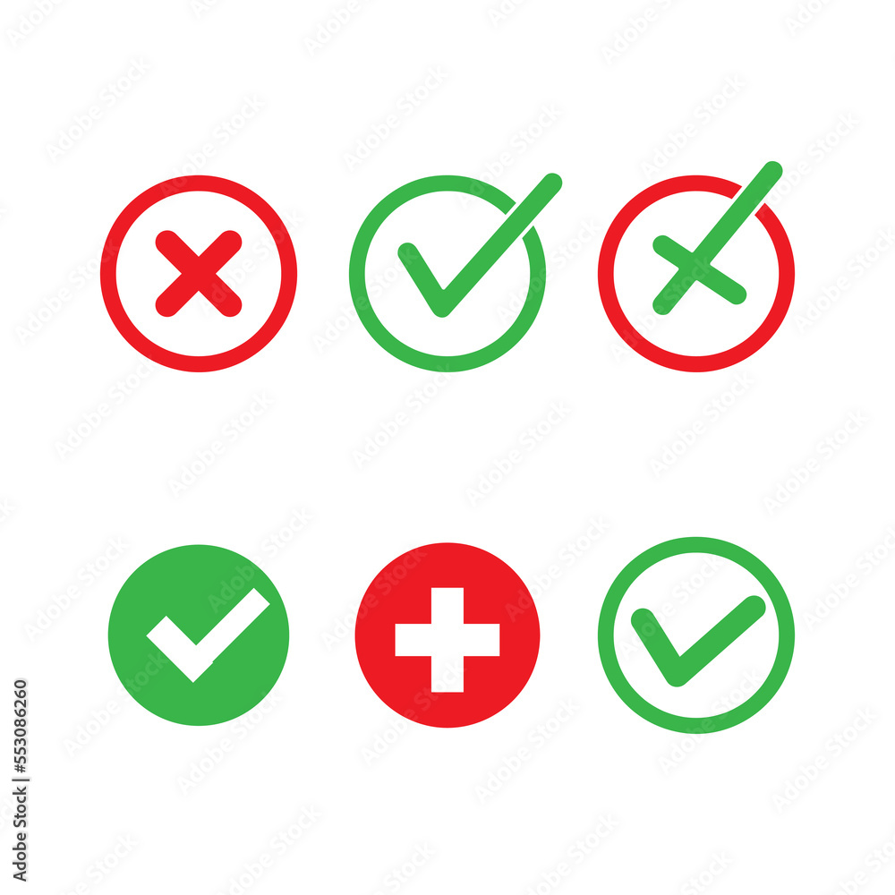 Poster green check mark and red cross icon.set of simple icons in flat style on white background..eps