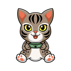 Fototapeta na wymiar Cute ocicat cat cartoon holding food bowl