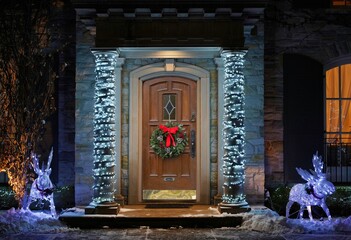 House front door decorated for Christmas