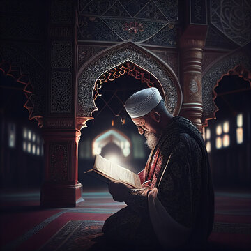 pious muslim man reading quran in mosque, generative AI