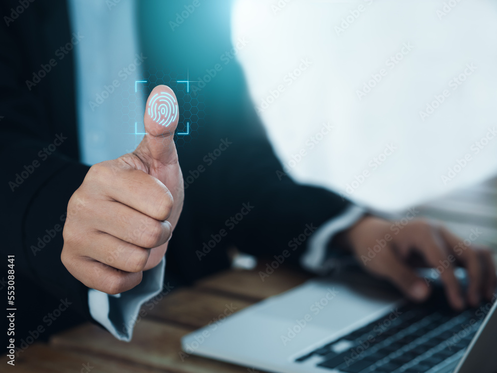 Poster digital fingerprint scan icon on virtual screen with thumb scanning for login access with biometrics