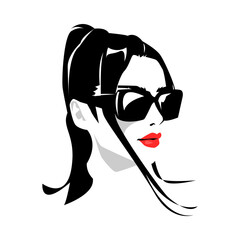 portrait of a woman with a ponytail hairstyle using glasses. vector design. silhouette. isolated white background.