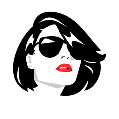 portrait of a woman with short hair using glasses. vector design. silhouette. isolated white background.