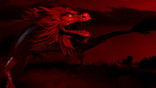 Flying Chinese Dragon against a Red Cloudy Sky. New Year Concept with copy-space.