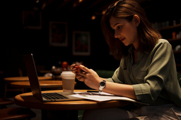Young woman using smart phone and laptop at cafe.